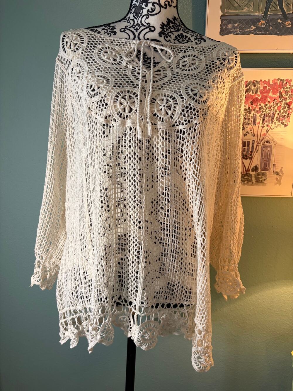Cato Woman 18/20W Ivory Crochet Lace Tunic Top Cotton Boho Coastal 2X